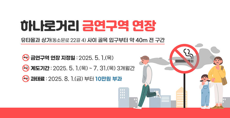 하나로거리 금연구역 연장
■ 연장 구간 : 유타몰과 상가(동소문로 22길 4) 사이 골목 입구부터 약 40m 전 구간
■ 금연구역 연장 지정일 : 2025. 5. 1.(목)
■ 계도기간 : 2025. 5. 1.(목) ~ 7. 31.(목)[3개월] 
■ 과태료 : 2025. 8. 1.(금) 부터 10만원 부과