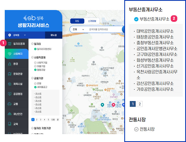 사용자 메뉴얼 설명이미지1 - 메뉴 : 1.일자리경제, 사회복지, 환경, 문화관광, 체육시설, 행정·공공, 교통,재난안전, 교육, 보건의료, 도시관리로 구성. 2.2차 카테고리 클릭 시 3차 카테고리 보임.