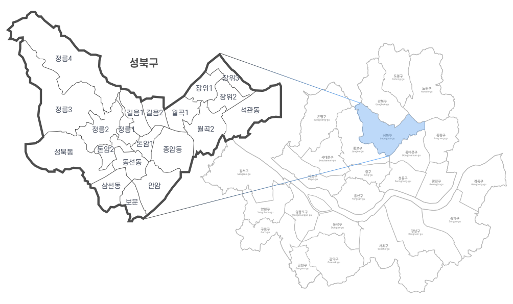 서울시에 속해있는 성북구 지도 위치이며 성북구 안에 정릉1동, 정릉2동, 정릉3동, 정릉4동, 장위1동, 장위2동, 장위3동, 돈암1동, 돈암2동, 석관동, 월곡1동, 월곡2동, 동암동, 길음1동, 길음2동, 안암, 보문, 삼선동, 동선동, 성북동이 속해있습니다.